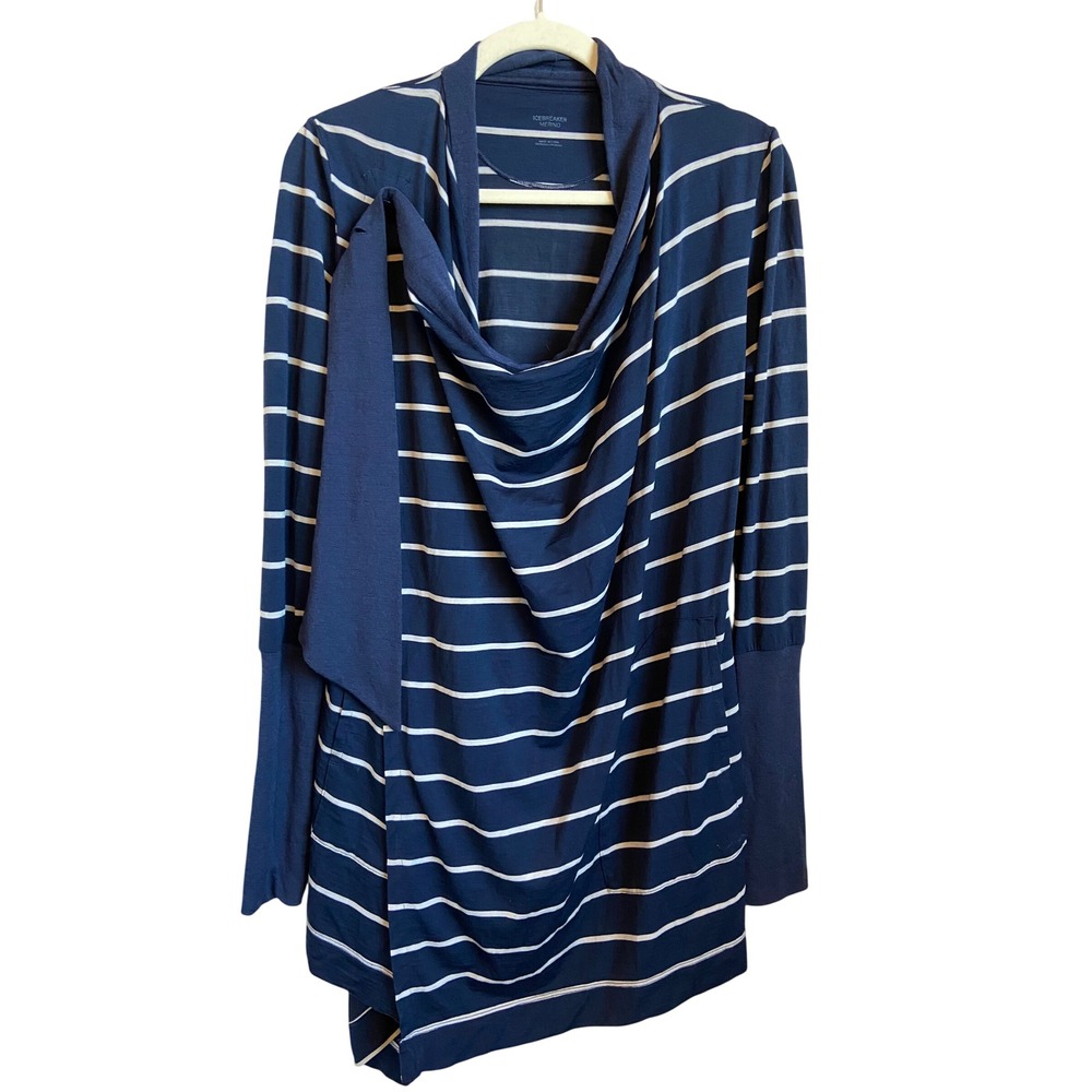 Icebreaker Merino Wool Striped Wrap Cardigan Navy Blue White Convertible Small